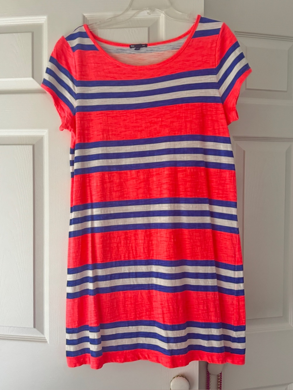 GAP Neon Coral, Blue & White Striped Tee Dress